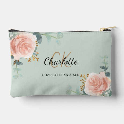 Pochette À Accessoires Rose or fleuri vert nom monogramme (Verso)