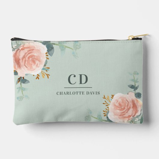 Pochette À Accessoires Rose or fleuri vert nom monogramme (Verso)