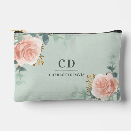 Pochette À Accessoires Rose or fleuri vert nom monogramme (Recto)