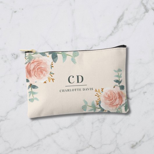 Pochette À Accessoires Rose or fleurie crème nom monogramme