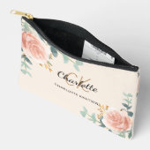 Pochette À Accessoires Rose or fleurie crème nom monogramme (Ouvrir)