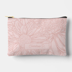 Pochette À Accessoires Rose Pâle sur Chrysanthèmes Roses avec Nom