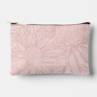 Pochette À Accessoires Rose Pâle sur Chrysanthèmes Roses avec Nom