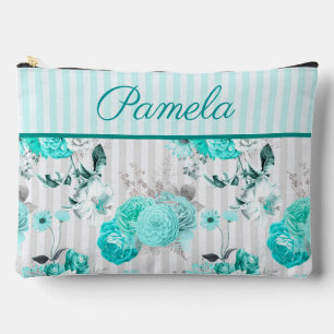 Pochette À Accessoires Roses Bleues Turquoise, Rayures Grises et Monogram