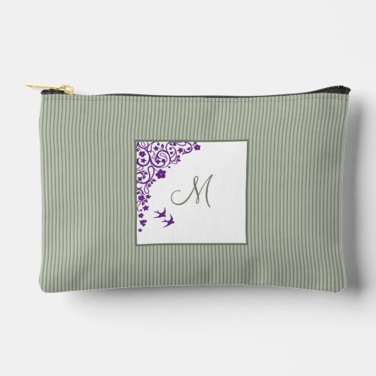 Pochette À Accessoires Sage Green Stripe Purple Floral Script Monogramme (Recto)