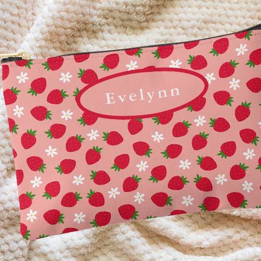 Pochette À Accessoires Simple Moderne Motif Fraise Rose