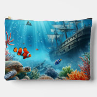 Sous la mer, tortue, corail, bateau, poisson clown