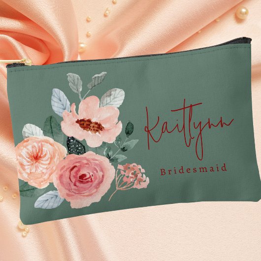 Pochette À Accessoires Style Floral Sage Green & Orange Peach Script