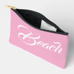 Pochette À Accessoires Texte de plage élégant rose tendre