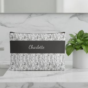 Pochette À Accessoires Toile Florale Noir Blanc Nom Personnalisé