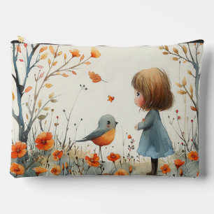 Pochette À Accessoires Une Aquarelle Peinture De Petite Fille & Oiseau