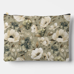 Pochette À Accessoires Vert Sage Et Floral Crème