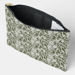 POCHETTE À ACCESSOIRES VERT SOMBRE AVEC LACE BLANCHE INTRICATIVE