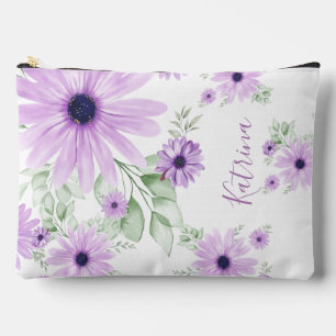 Pochette À Accessoires Vert violet personnalisé, Fleurs aquarelles