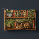 Pochette À Accessoires Vintage book shelf with cat and coffee<br><div class="desc">A cozy retro-inspired design featuring a charming bookshelf filled with vintage books, delicate botanical accents, cute kitty and a comforting cup of tea or coffee.</div>