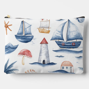 POCHETTE À ACCESSOIRES VOILIERS ET COQUILLAGES À L'AQUARELLE ROUGE BLANC