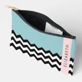 Pochette À Accessoires Zigzag noir et blanc, Chevron, Bleu, Votre nom (Ouvrir)