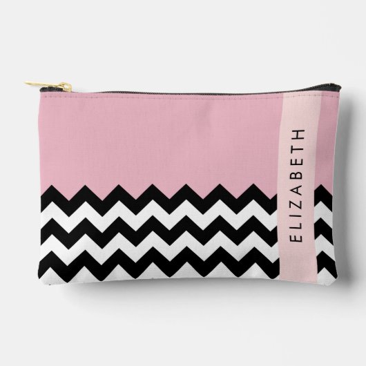 Pochette À Accessoires Zigzag noir et blanc, Chevron, rose, Votre nom (Recto)