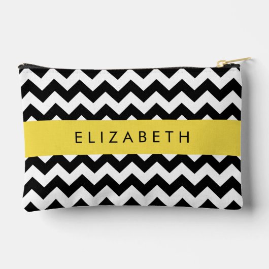 Pochette À Accessoires Zigzag noir et blanc, Motif Chevron, Votre nom (Verso)