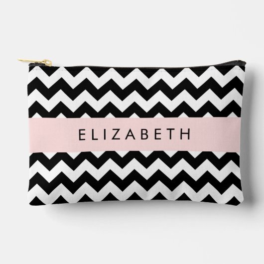 Pochette À Accessoires Zigzag noir et blanc, Motif Chevron, Votre nom (Recto)