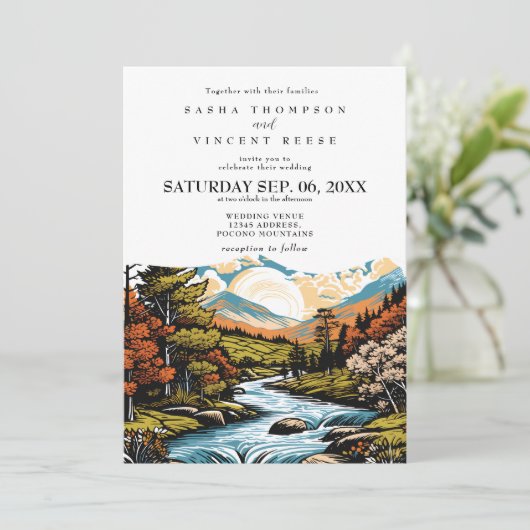 Pocono Mountains bruiloft uitnodiging Retro (Staand voorkant)