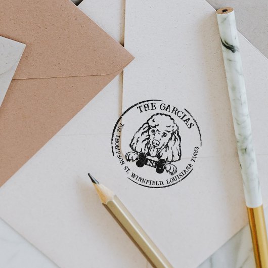 Poedel hond familie retour adres 	rubberstempel