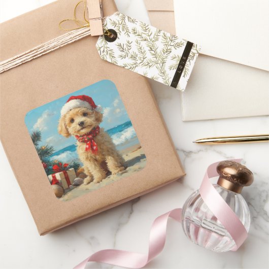 Poedel Hond Kerst  Strand Vierkante Sticker (Geschenken)