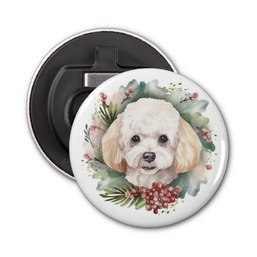 Poedel Kerstkrans Feestelijke Pup Button Flesopener (Voorkant)