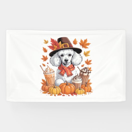 Poedel Thanksgiving Drink Coffee Fall Bladeren Pom Spandoek (Horizontaal)