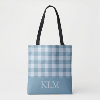 Poederblauw geruit monogram aangepaste naam draagtas
