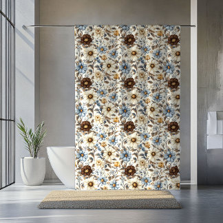 Poederblauwe bloemige bruine bloemen Boho Chic Gor Douchegordijn