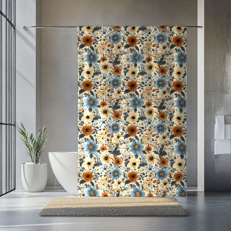 Poederblauwe Bloemige Terracotta Boho Badgordijn Douchegordijn