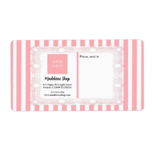 Poederroze strepen & krullend Lijst & Logo Etiket