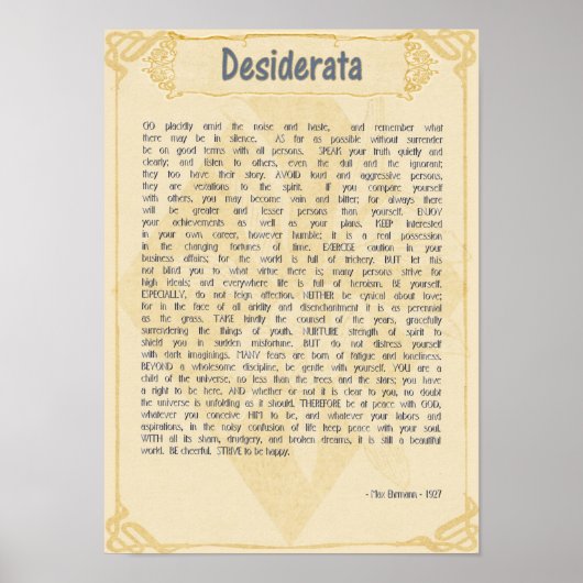 Poème de Desiderata par Max Ehrmann Poster (Devant)