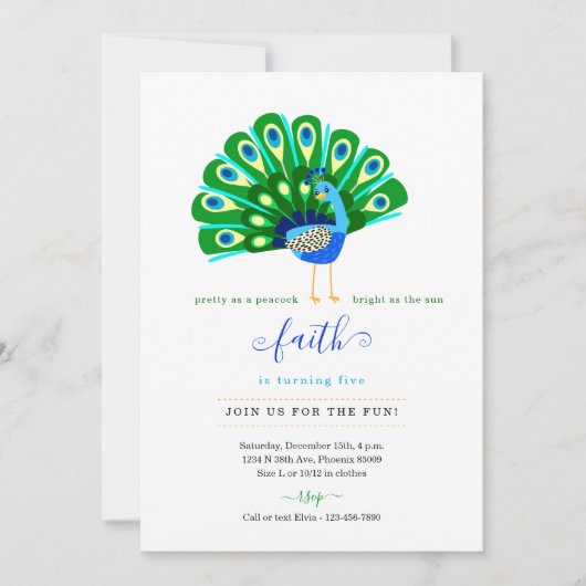 Poème mignon pour les filles Peacock Invitation de (Devant)