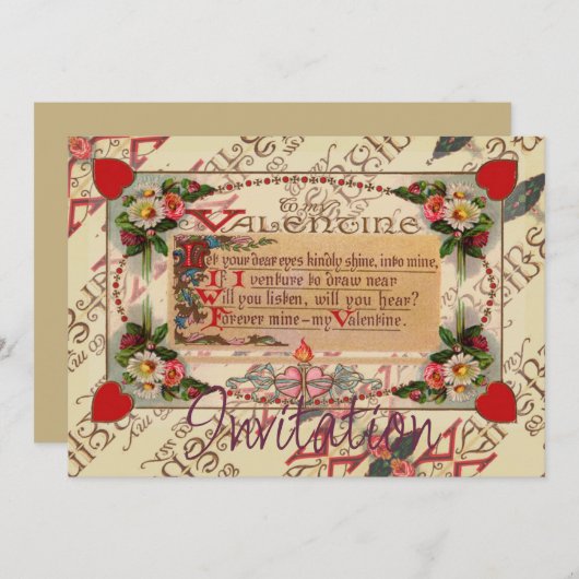 Poème Saint Valentin Avec Invitation Fleurs (Devant / Derrière)