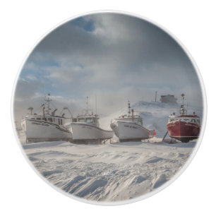 poignée de porte, bateaux de pêche dans la neige