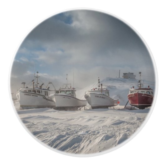poignée de porte, bateaux de pêche dans la neige (Devant)