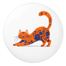 Poignée de porte chat floral bleu et orange