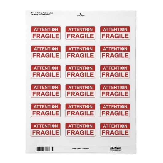 Poignée fragile rouge avec images de Étiquette de (Feuille entière)
