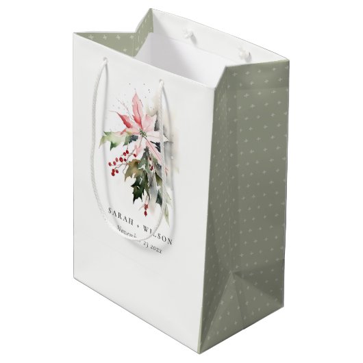 Poinsettia Berries Foliage Waterverf bruiloft Medium Cadeauzakje (Achterkant Gekanteld)