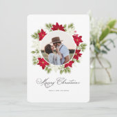 Poinsettia Bloem en Dennen Rond Foto Feestdagenkaart (Staand voorkant)