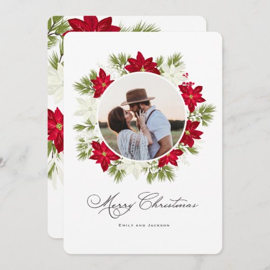 Poinsettia Bloem en Dennen Rond Foto Feestdagenkaart (Voorkant / Achterkant)