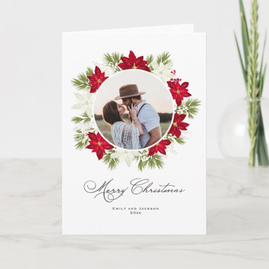 Poinsettia Bloem en Dennen Rond Foto Kaart (Voorkant)