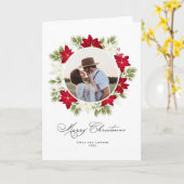 Poinsettia Bloem en Dennen Rond Foto Kaart (Gele Bloem)