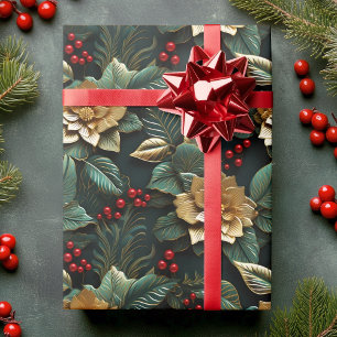 Poinsettia Bloem in Goud 3D in Groen   Kerstmis Cadeaupapier