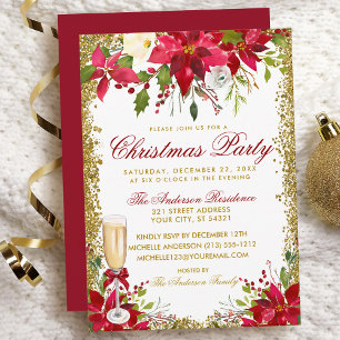 Poinsettia Bloemen Champagne Glas Kerstfeest Kaart