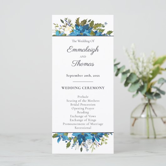 Poinsettia bloemenbruiloft | Turquoise blauw Programma (Staand voorkant)