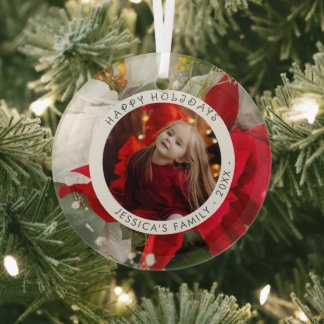 Poinsettia Bloemige Prettig Kerst Foto Glas Ornament