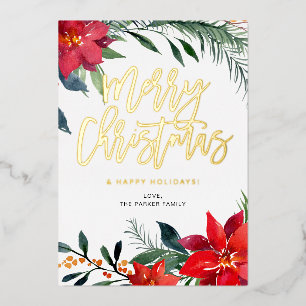 Poinsettia Bloemige Prettig Kerstfeest Folie Uitnodiging